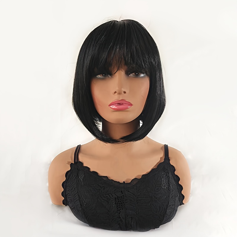 

Elegant Short Black Bob Wig With Straight Bangs, Heat Resistant Synthetic Hairpiece, Perfect For Daily Wear & School Party Accessory