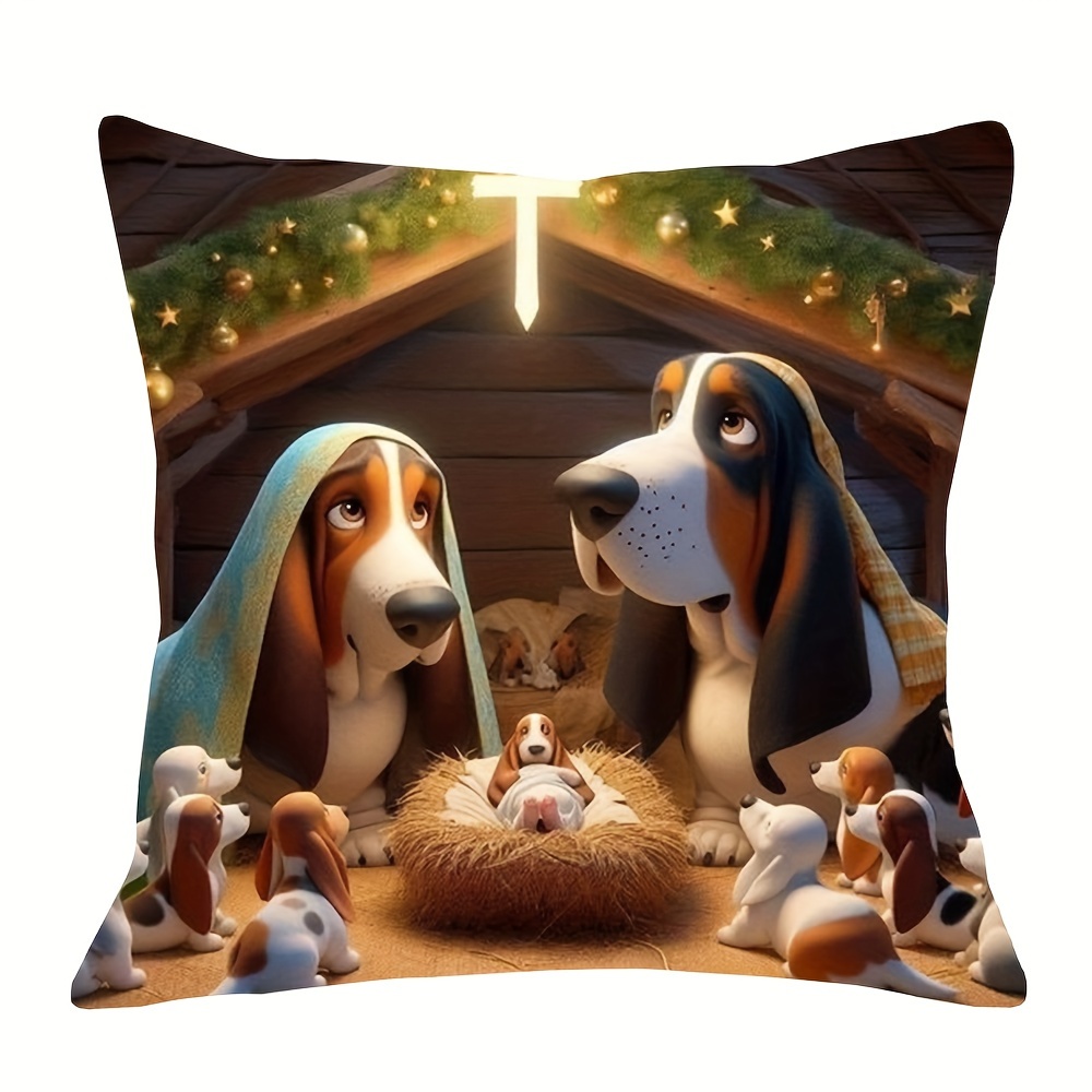 

1pc Basset Hound Christmas Plush Throw Pillowcase 18x18 Inch - Holiday Design With Multiple Dogs In A Cozy Scene, Machine Washable Polyester, Reduction, Party For Dog Lovers