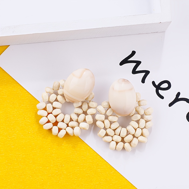 Image of Set Of 2 Bohemian Style Handmade Woven Wooden Bead Earrings For Women, Vintage Elegant Charm Earrings For Summer Beach Vacation, Jewelry Set For Men