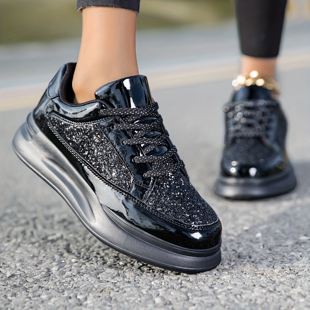 damen glitzernde schwarze casual sneakers runde zehen schnür