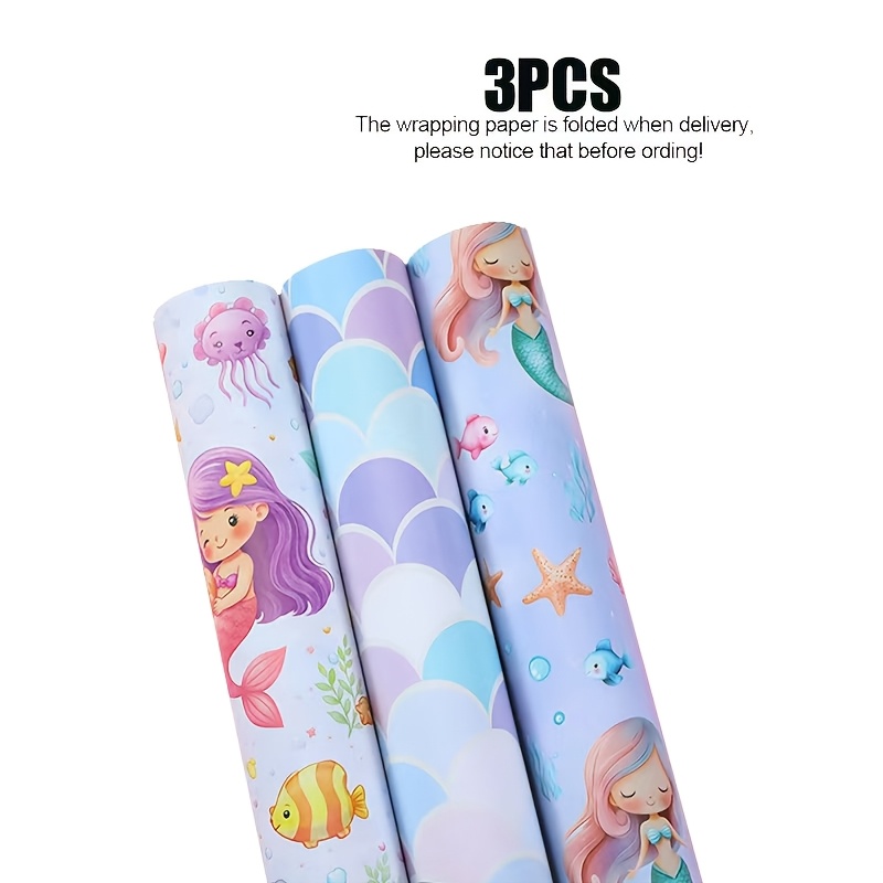 Image of 3pcs Cartoon Mermaid Gift Wrapping Paper, 27.56*19.69 Inches, Cute Mermaid Mixed Style Wrapping Paper, Happy Birthday Party Decoration, Anniversary Wedding Party Supplies, Event Party Gift Wrap