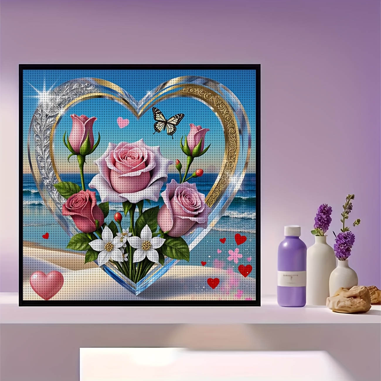Printed DIY Cross Stitch Kit, Frameless, "Heart Bouquet Beach Butterfly" Pattern