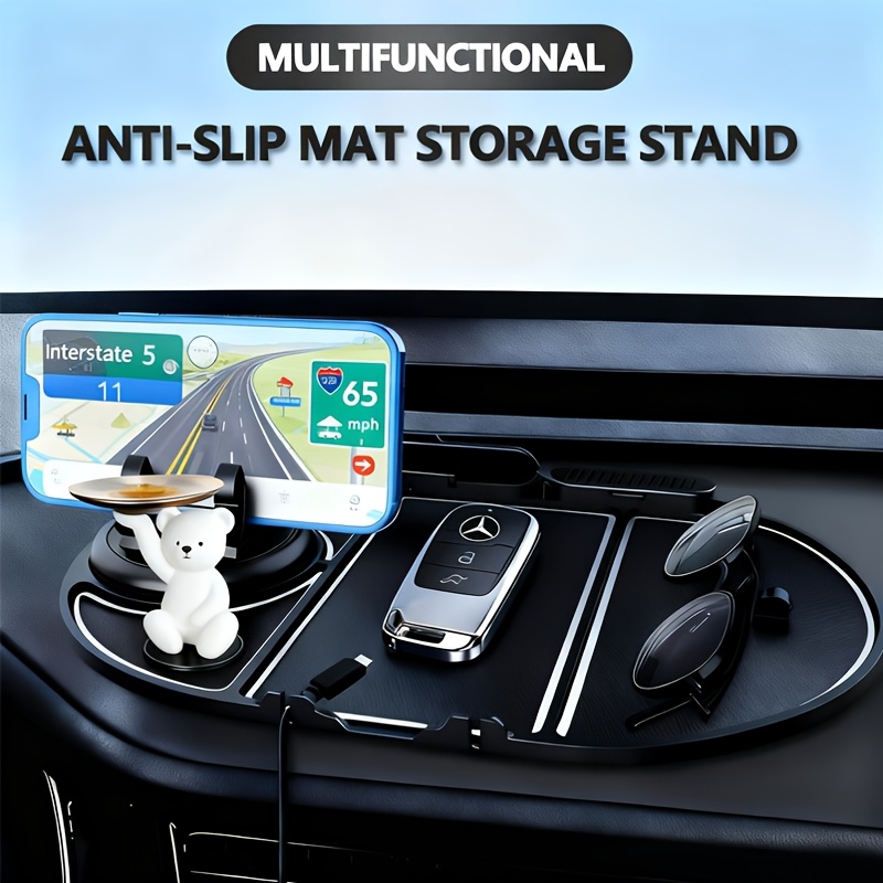 Multifunctional Non-Slip Car Dashboard Cushion with Rotating Phone Holder and Large Storage, Heat-Resistant Silicone, Multiple Black Color O