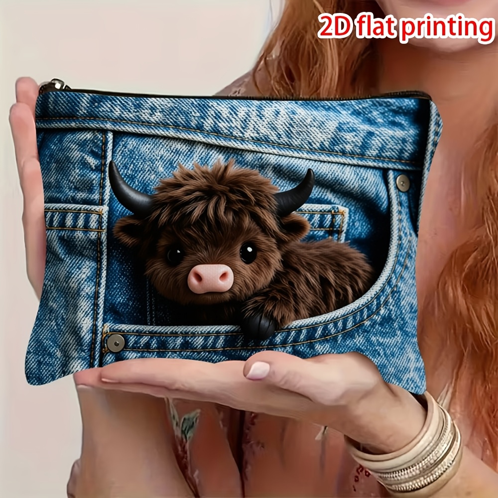 TEMU Cute Fluffy Brown Cow Plush Decorative Makeup Bag, Soft Cosmetic Storage Pouch, Portable Toiletry Organizer, Suitable For And Personal Beauty
