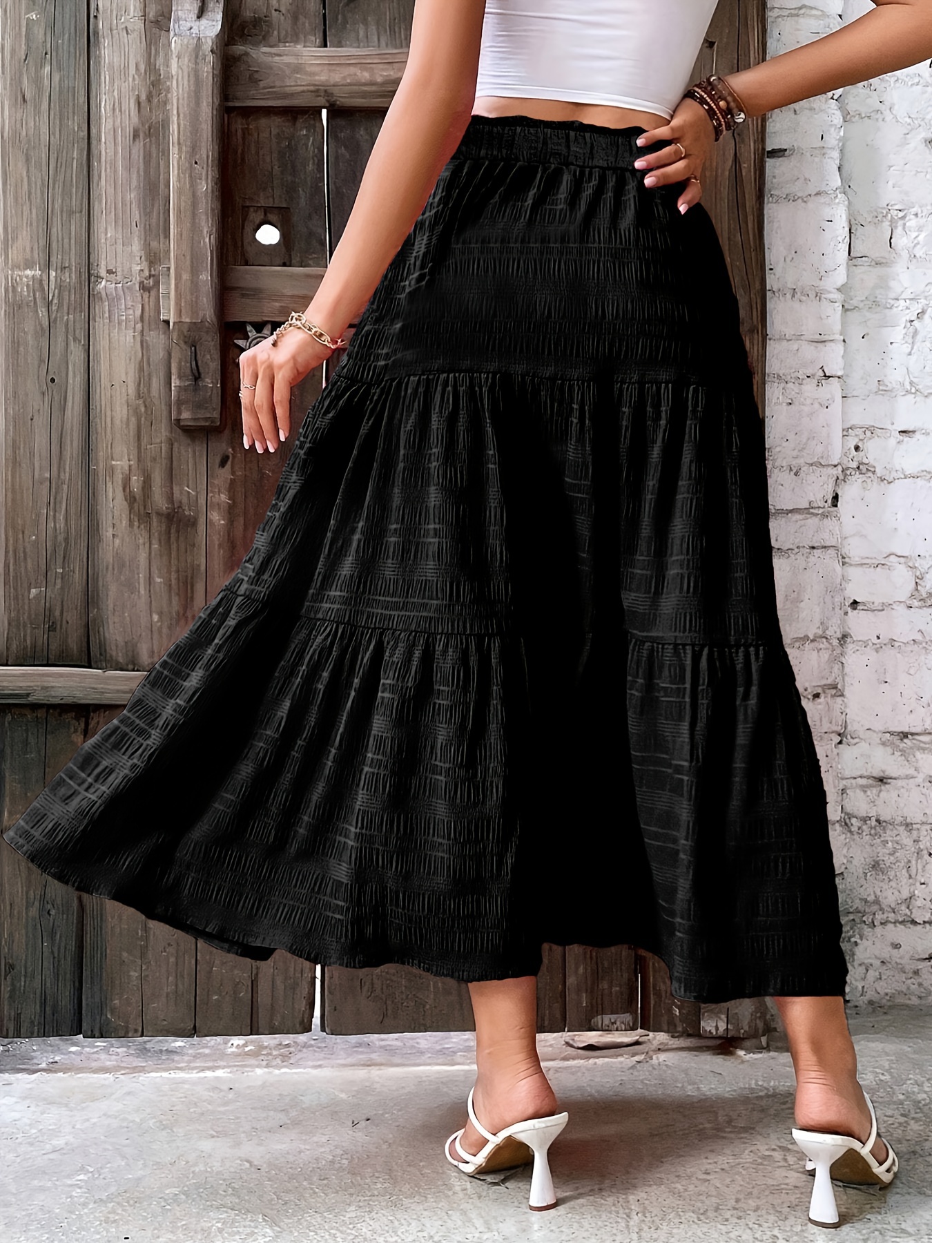 womens elegant textured pleated midi a line skirt high waist