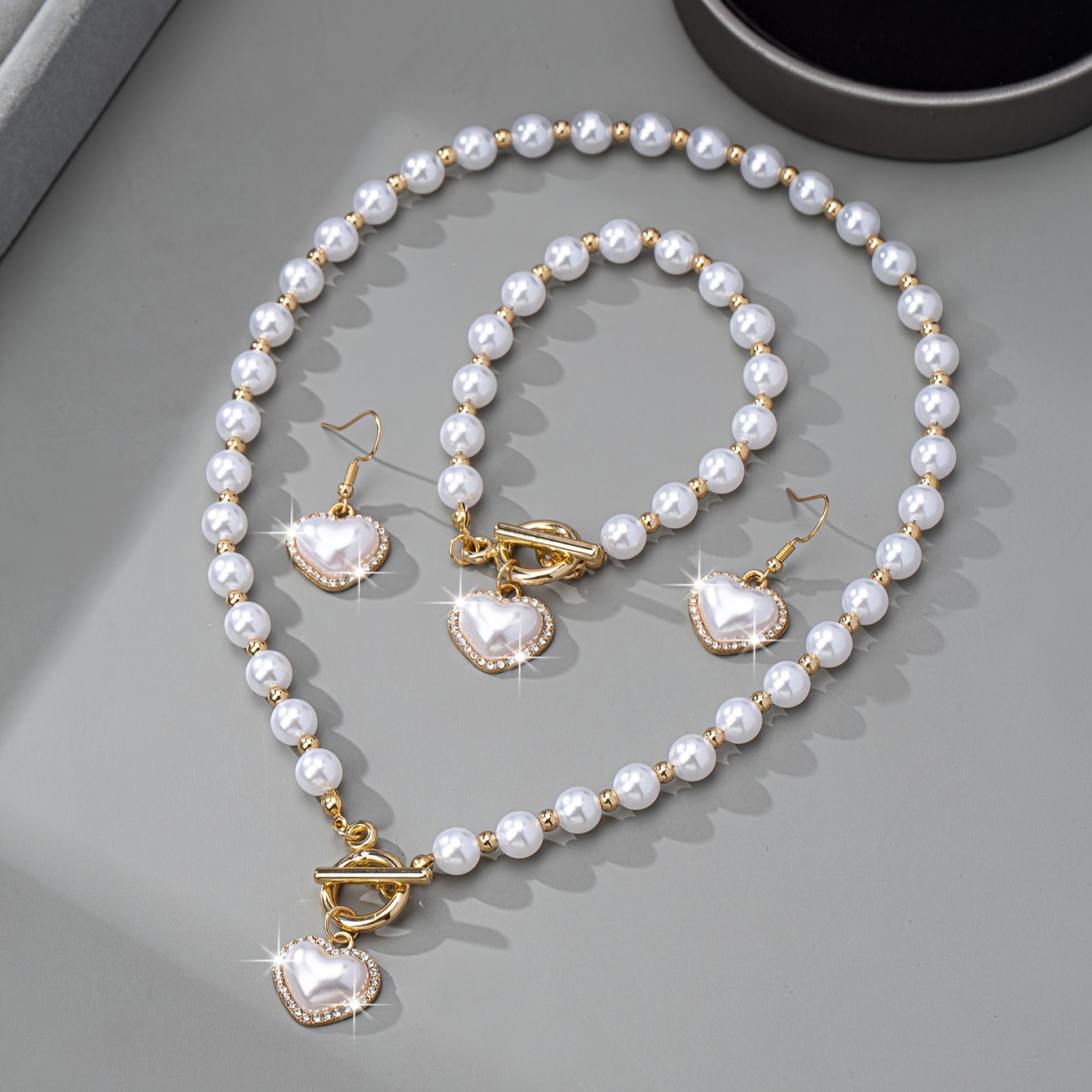 18K Gold Plated Pearl Jewelry Set with Rhinestone Accents