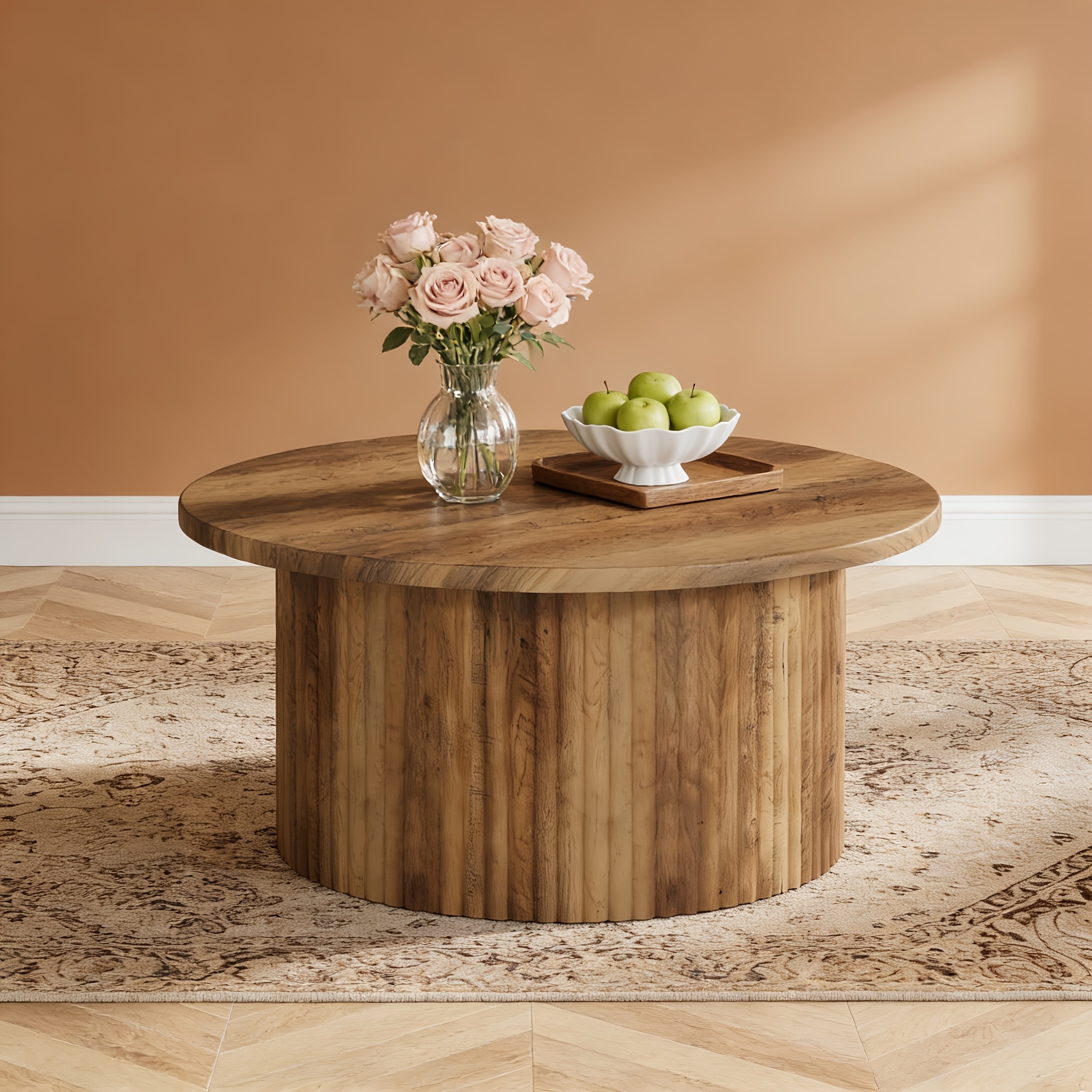 Round Coffee Table, Farmhouse Round Coffee Table With Metal Base, Modern Living Room Wood Grain Center Table, Living Room Sofa Side Table, Decorative Table