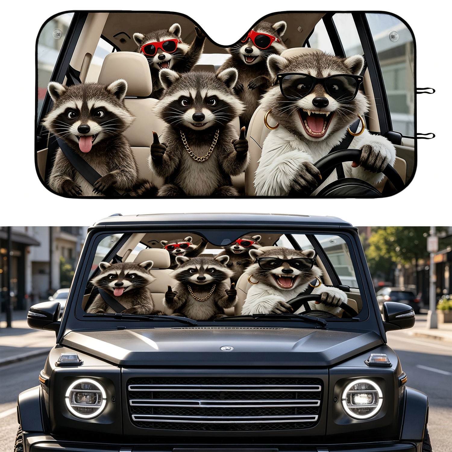 TEMU 1pc Adorable Raccoon Car Sunshade With Uv Protection & Retractable Canopy - Suitable For All Vehicles, Front Shade, Blocks Sunlight To Keep Car