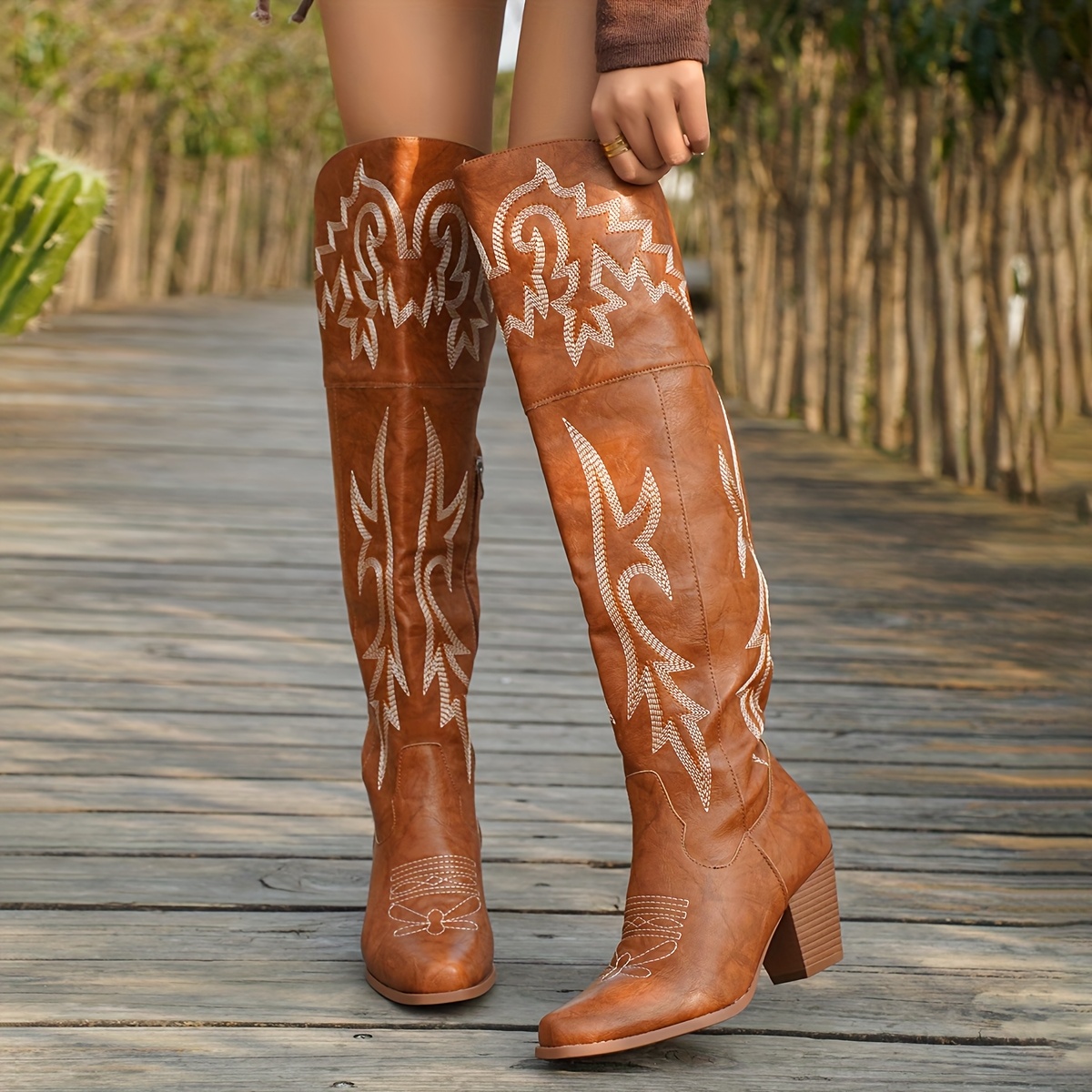 womens light brown knee western boots pointed toe chunky Temu