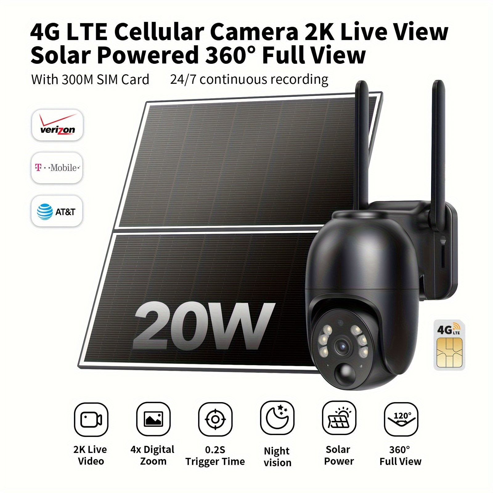 

Cxk 4g Lte 20w , 24/7 , Live For Sim 360° Pan , Activated, 2k Live , , 2-way , Detection, Cloud/ , -fi