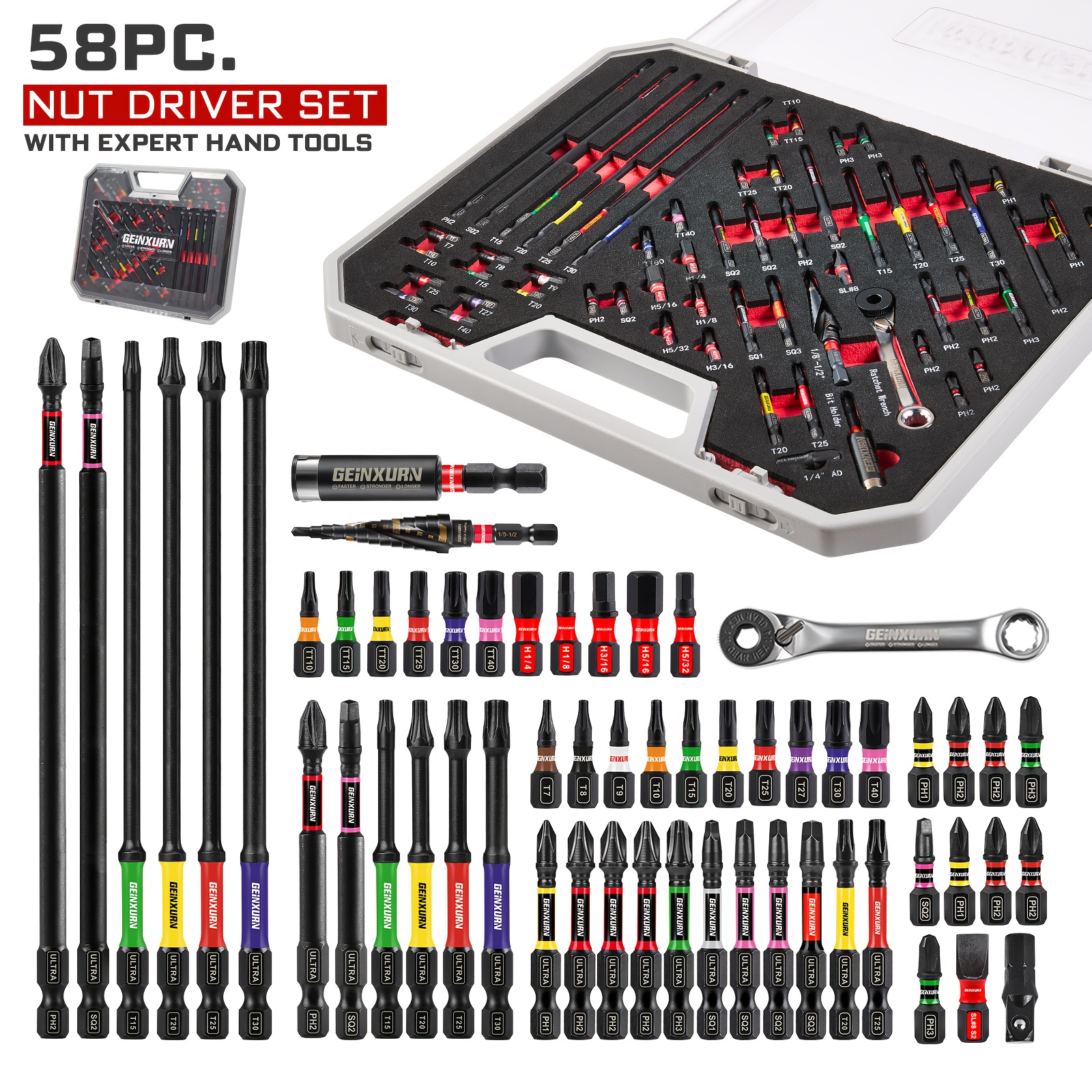 E-shop 58-teiliges graues Schlagschrauber-Bit-Set, 25 mm, 50 mm, 75 mm, 150 mm Bit-Köpfe, Phillips, Vierkant, Sechskant, Torx, Sicherheits-Bit-Set,