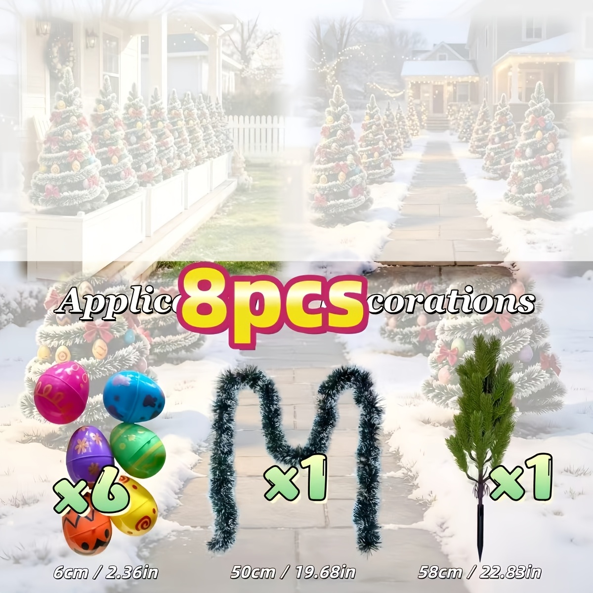 TEMU 8pcs Set New Realistic Christmas Pine Tree And Colorful Eggs (random Colors) And Ribbons Kit, Suitable For Outdoor Courtyards, Garden Planters,