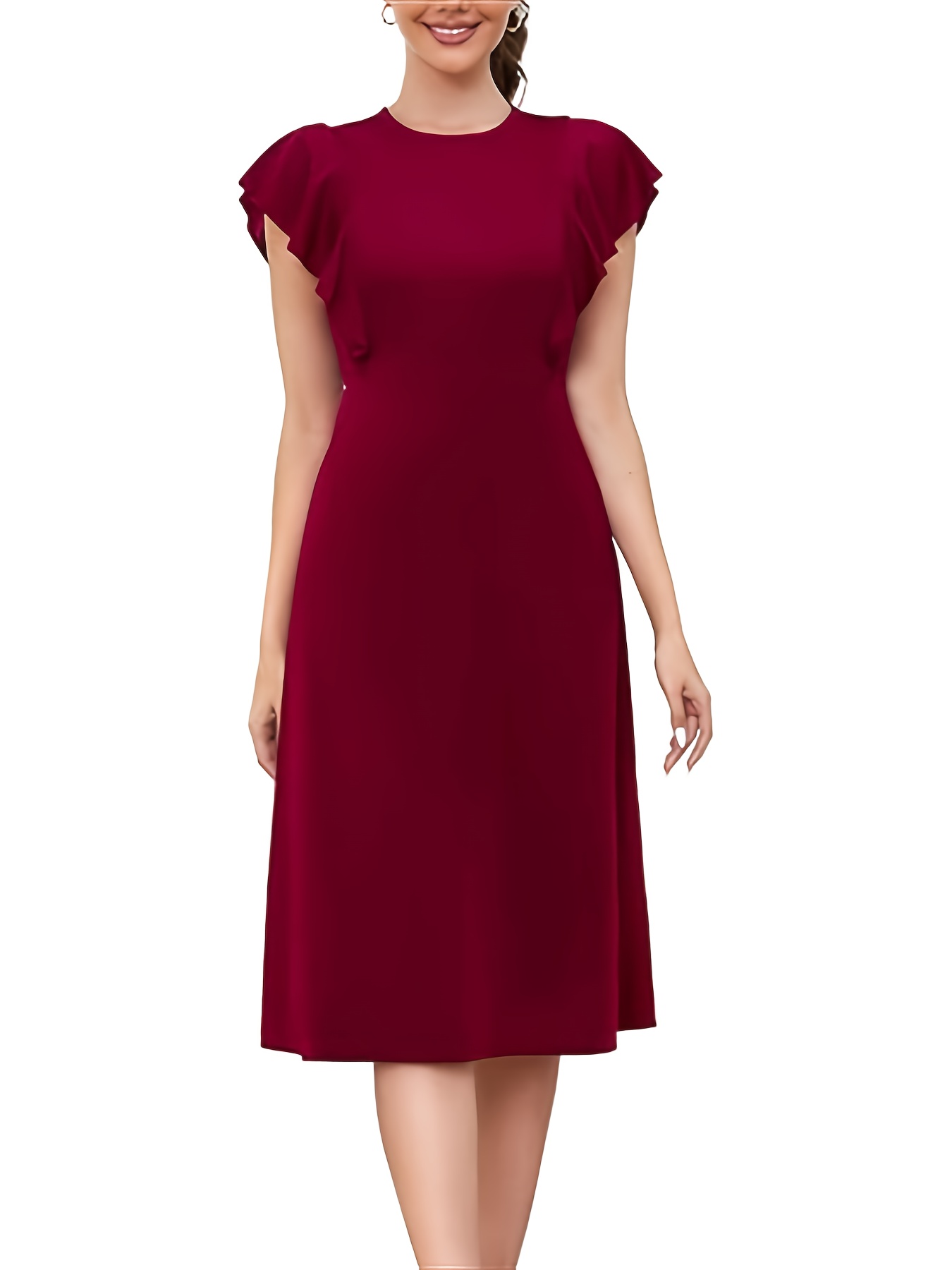womens lotus leaf sleeve round neck church dress knee length - Temu