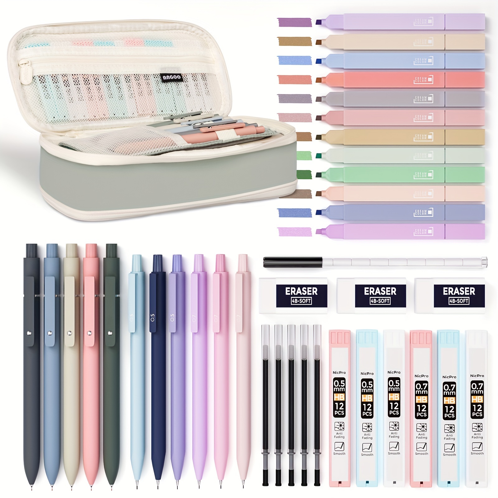 

Nicpro 39 Pcs Aesthetic School Supplies With Big Capacity Pen Case, 12 Highlighters, 5 Quick Dry Retractable Pens, 6 Pastel Mechanical Pencil 0.5 & 0.7 Mm