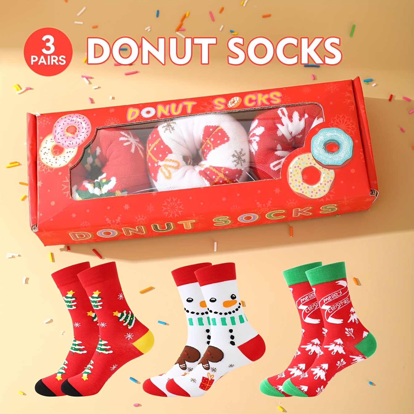 1/3 Pairs Mid-calf Socks For , Cute Colorful Donut Design, Warm Soft Christmas Holiday Gift Box, Perfect For Thanksgiving Halloween Birthday New In Autumn And Winter, .