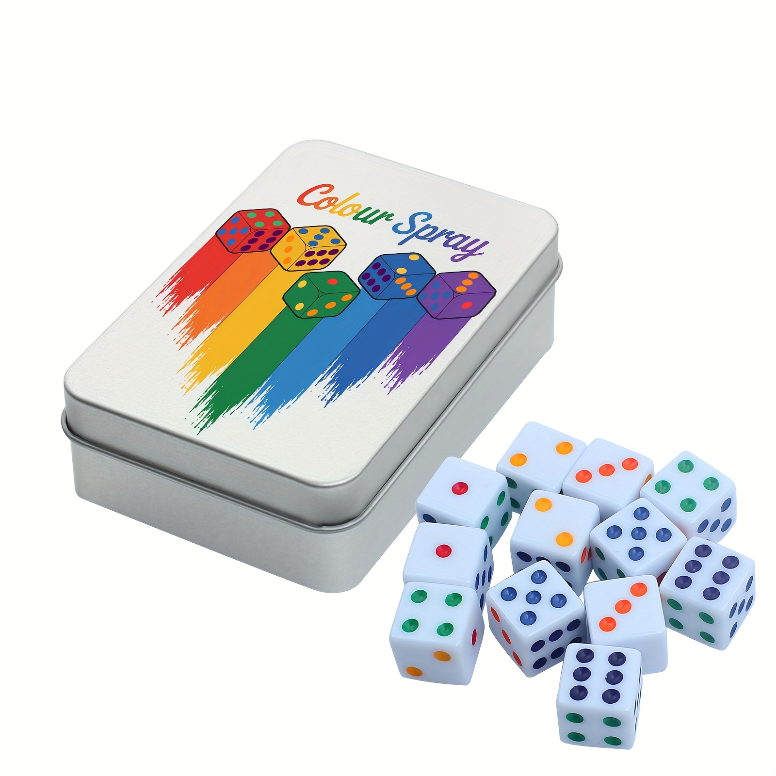 Set Of 12 Dice In A Tin Box, Standard 16mm Six-sided D6 Dice In White With Colorful Dots, Perfect For Board Games
