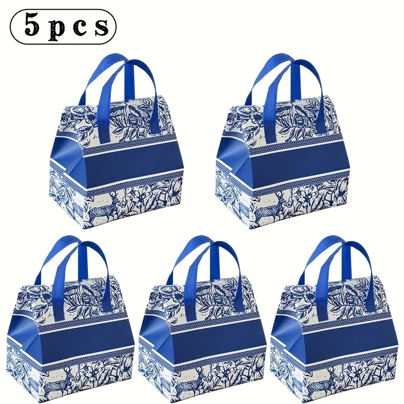 

5pcs Blue And White Patterned Fabric Bags, Reusable, Self-sealing Aluminum Foil Insulated, For Food Delivery, Picnics, Catering, Gift, Cake, , Coffee