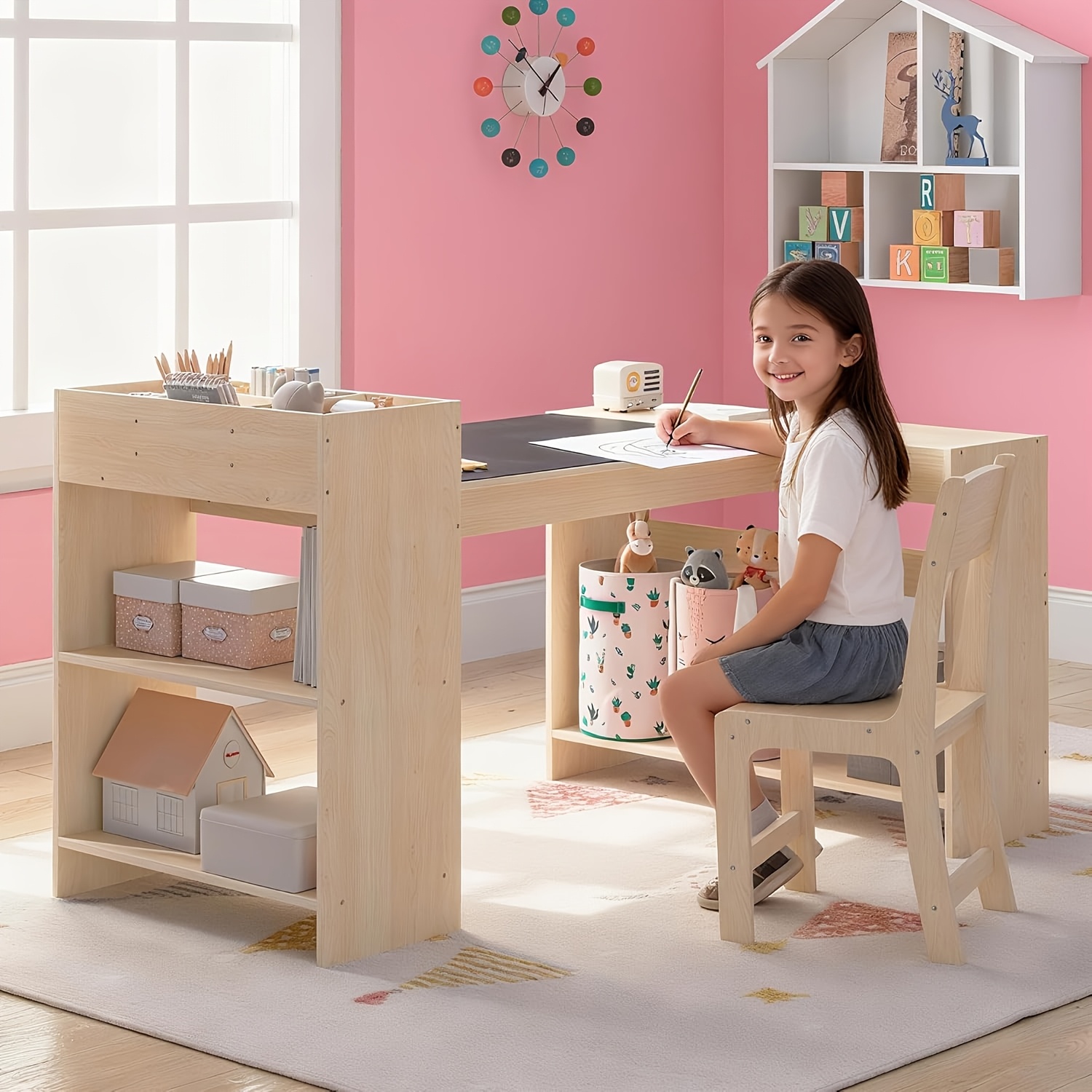 Kids Art Table and Chair Set with Storage Shelf - Height-Adjustable Heavy-Duty Pine Craft Table for Toddlers, Activity Desk for Painting, Learning, Reading - Assembly for Daycare (