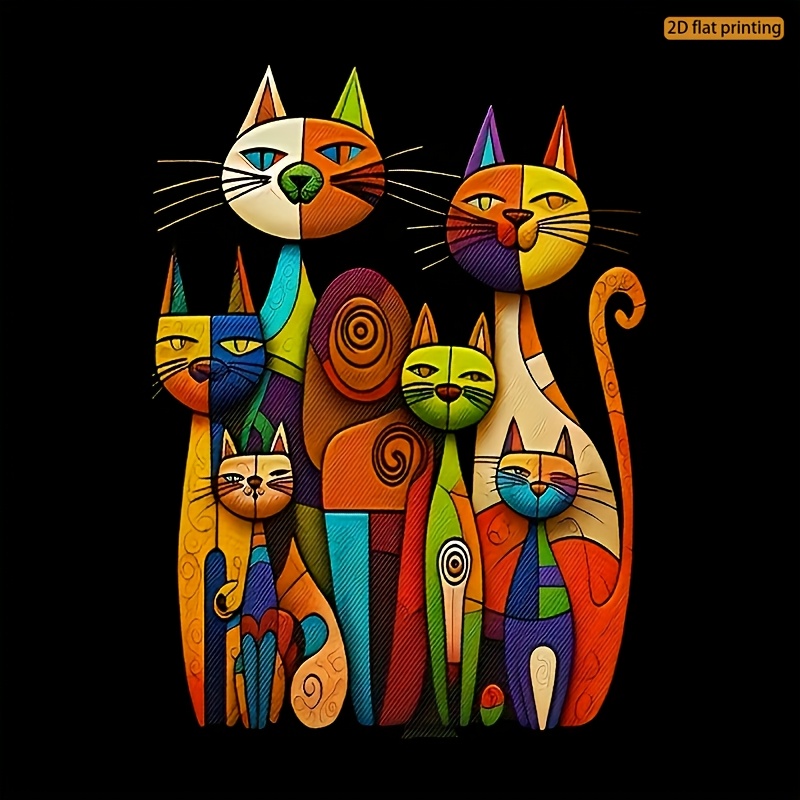 TEMU 1pc Vibrant Abstract Cat Heat Transfer Sticker - Colorful Geometric Feline Art, Durable Vinyl Decal For T-shirts, Backpacks, Pillows, Handbags,