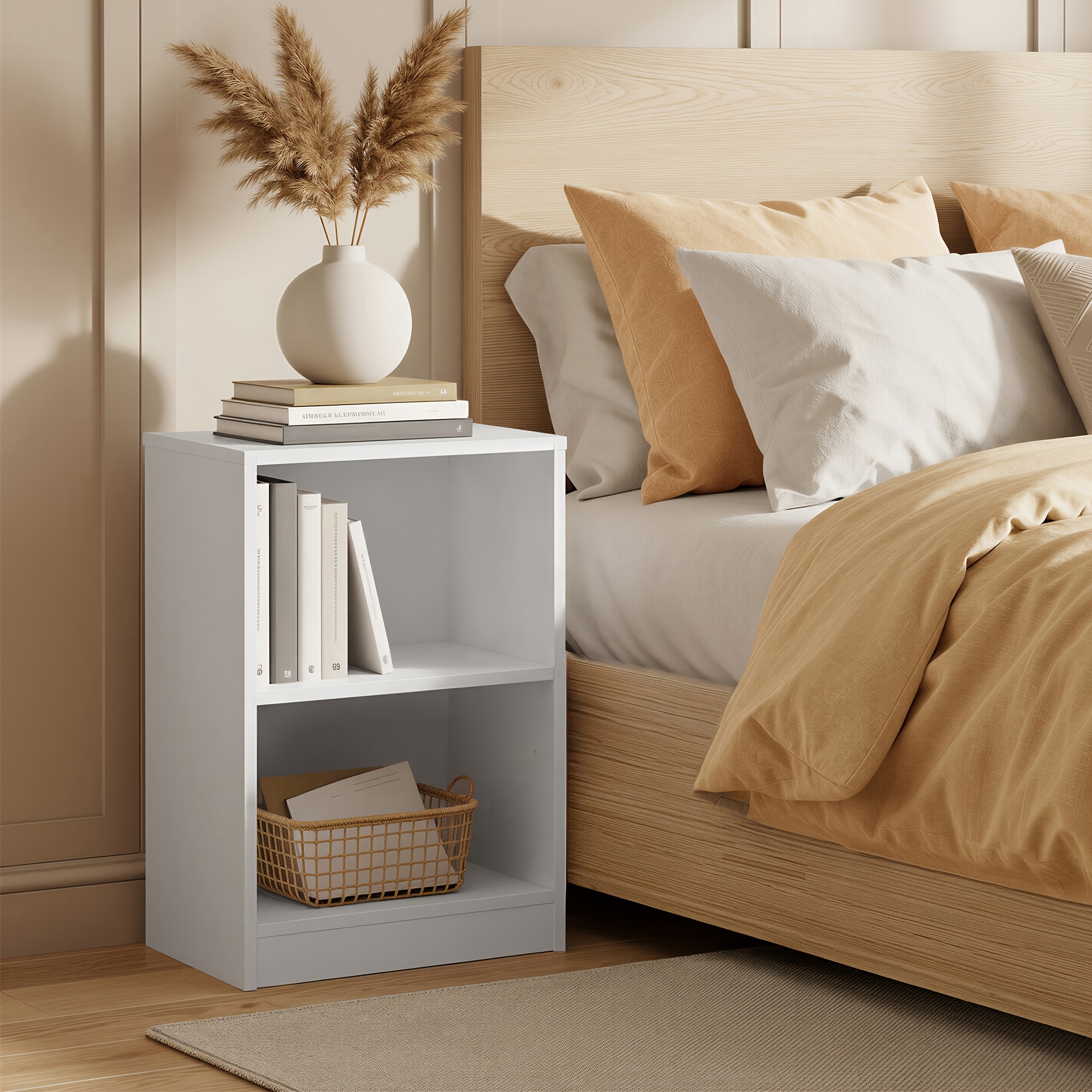 Multipurpose Side Table With Adjustable Shelf, Open Compartments, For Living Room Or Bedroom, White