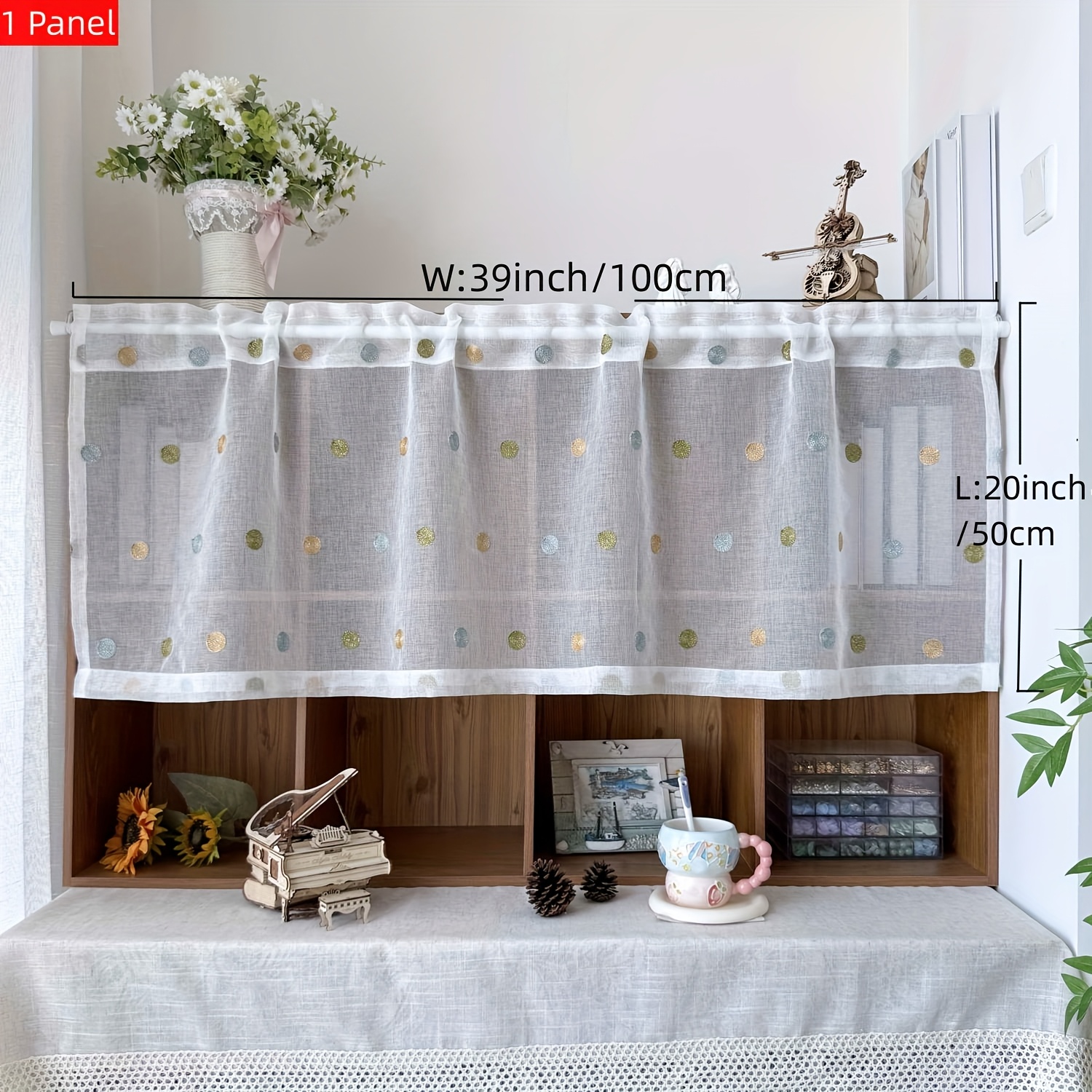 1pc Modern Cute Blue Polka Dot Pattern Sheer Short Curtain For Kitchen Small Window Drape Home Decoration Cabinet Cafe