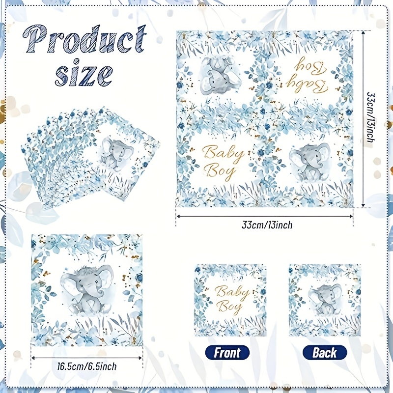 E-shop 48 Stück Blaue Elefanten-Duschservietten, 16,5 cm x 16,5 cm faltbar, geeignet für Duschservietten, Gender-Reveal-Servietten,