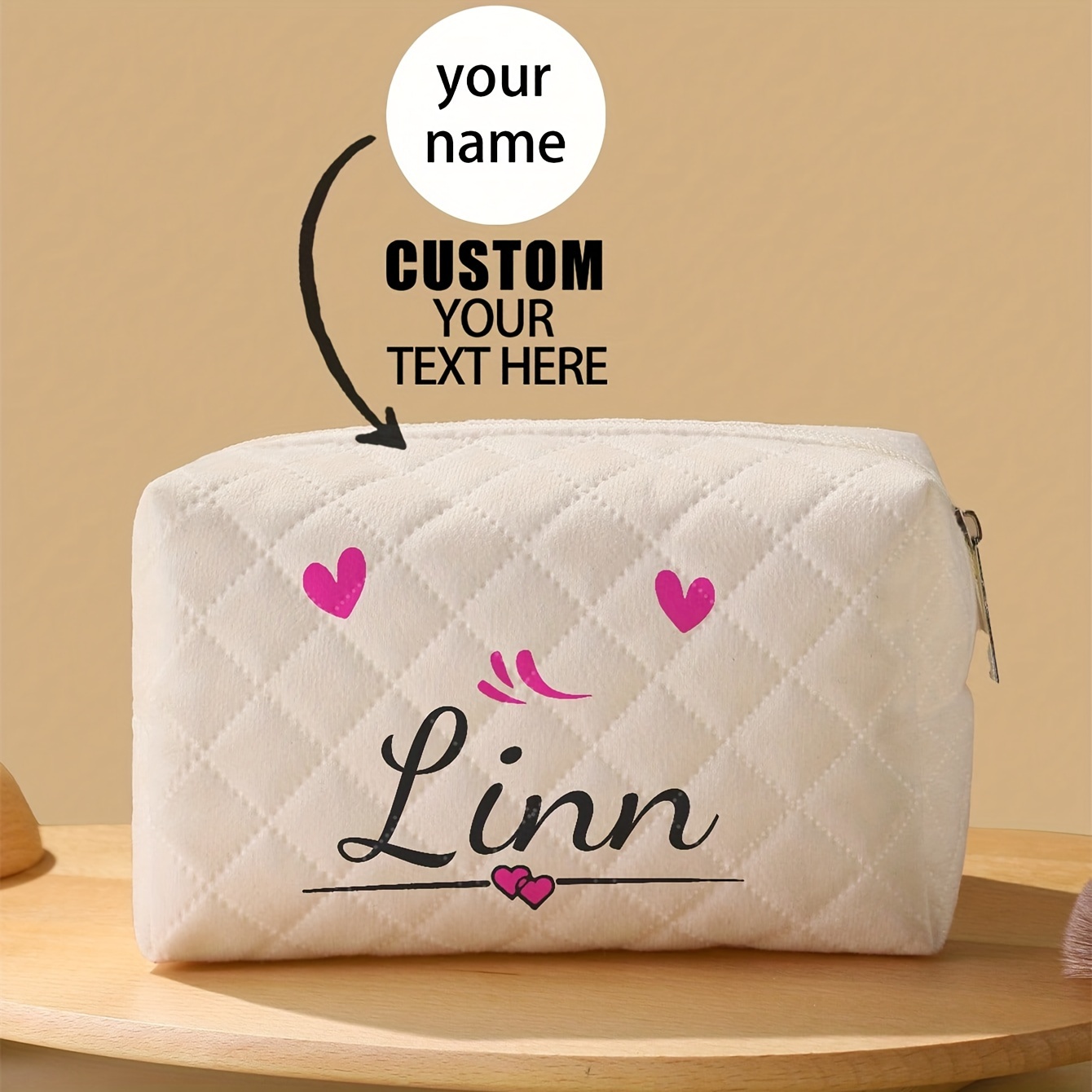 TEMU Customizable Diamond-shaped Octagonal Makeup Bag, Can Personalize With Specific Content (name, Holiday Phrases, Etc.), Portable Makeup Storage