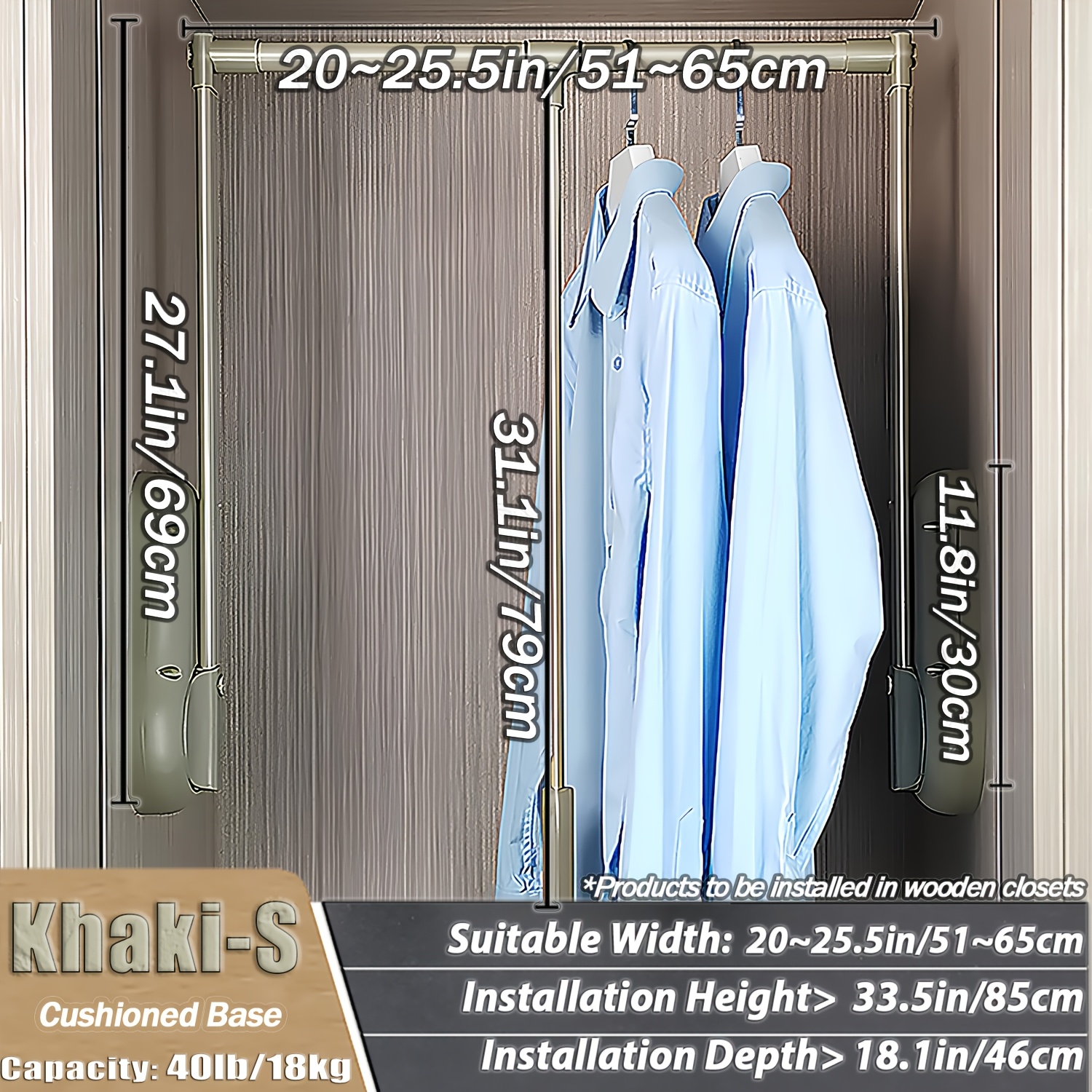 TEMU Heavy-duty Adjustable Pull-down Wardrobe Hanging Rod, Featuring A Cushioning And Silent Function, Designed For Shirts, Pants, And Various