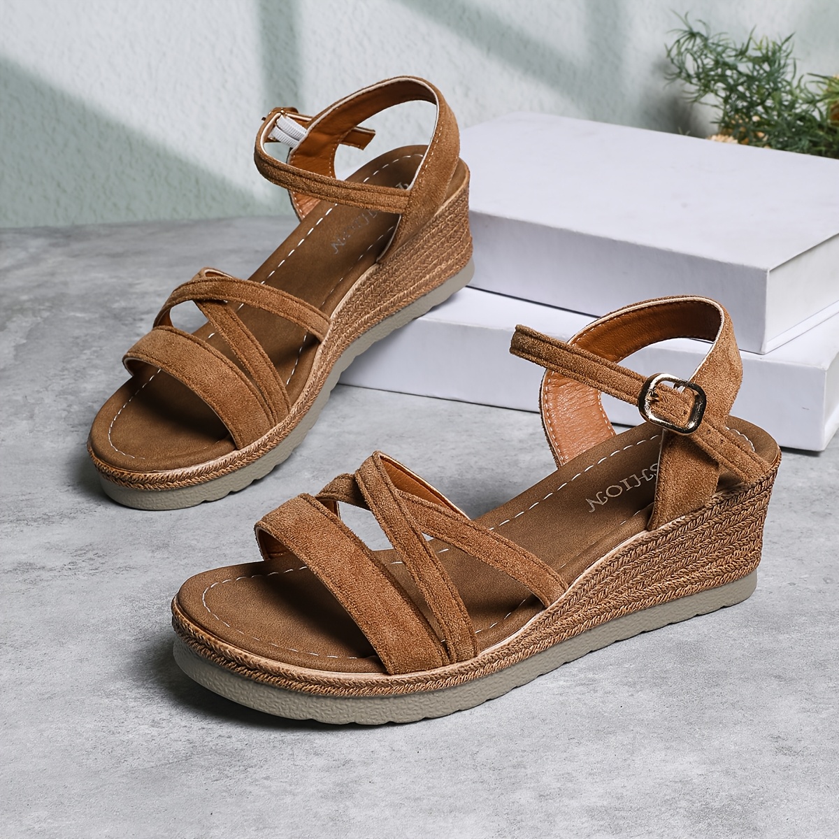 TEMU Women's Fashion Premium Thick Sole Wedge Retro High Heel Sandals, Solid Color Versatile Cross-strap Lightweight Buckle Design High Heel Sandals,