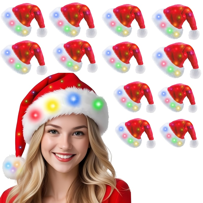 

3pcs Led Light-up Santa Hats - Velvet Christmas Caps With Lights, Battery Included - Holiday Parties & New Year Celebrations