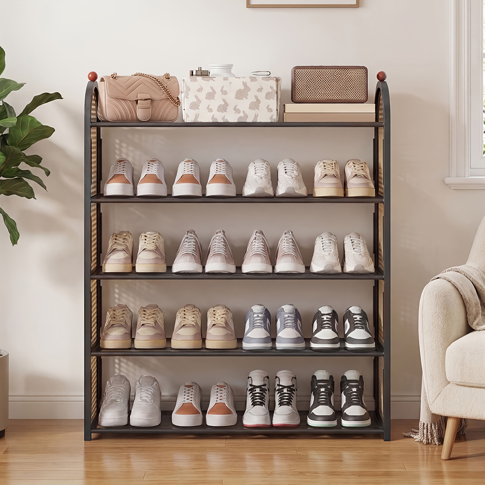 Image of Space- 5-tier Shoe Rack For Small Spaces, Shoe Organizer With Large Capacity For 15 Pairs Of Shoes, Stable Freestanding Shoe Rack, Rattan Side Panel Shoe Storage For Hallway, Bedroom And Entryway