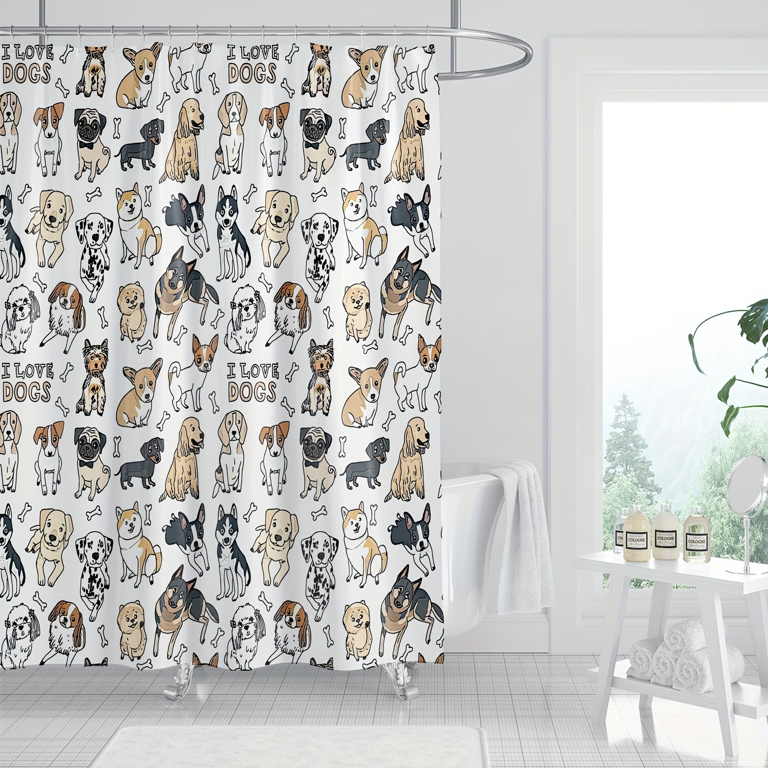 

1pc Cartoon Dogs & Bones Pattern With Hooks, Waterproof Bath Partition Curtain, Decorative Bathroom Accessories For Home Use