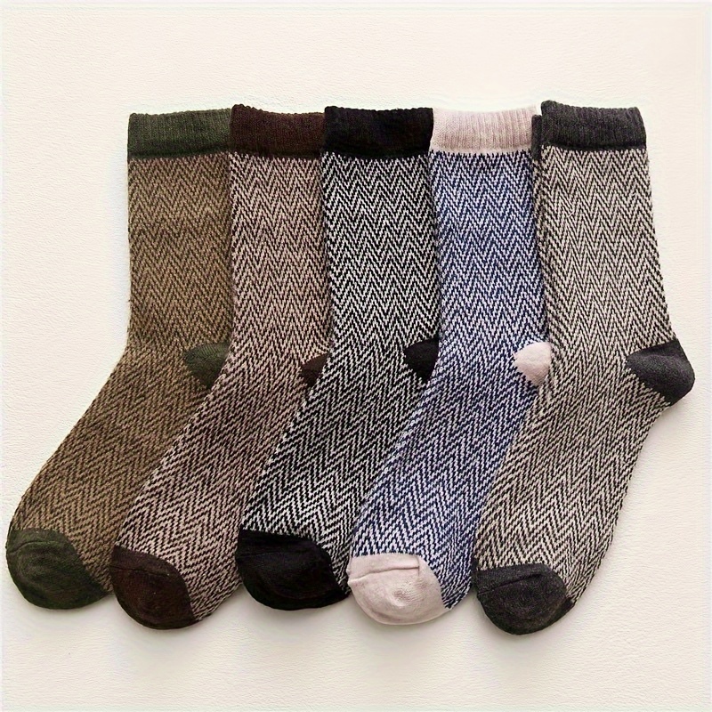 

Double-road Vintage Herringbone Mid-calf Socks For Men - Winter Thick Warmth, Hand Wash Only, Polyester (polyester) And Elastane (spandex) Blend, Herringbone Pattern