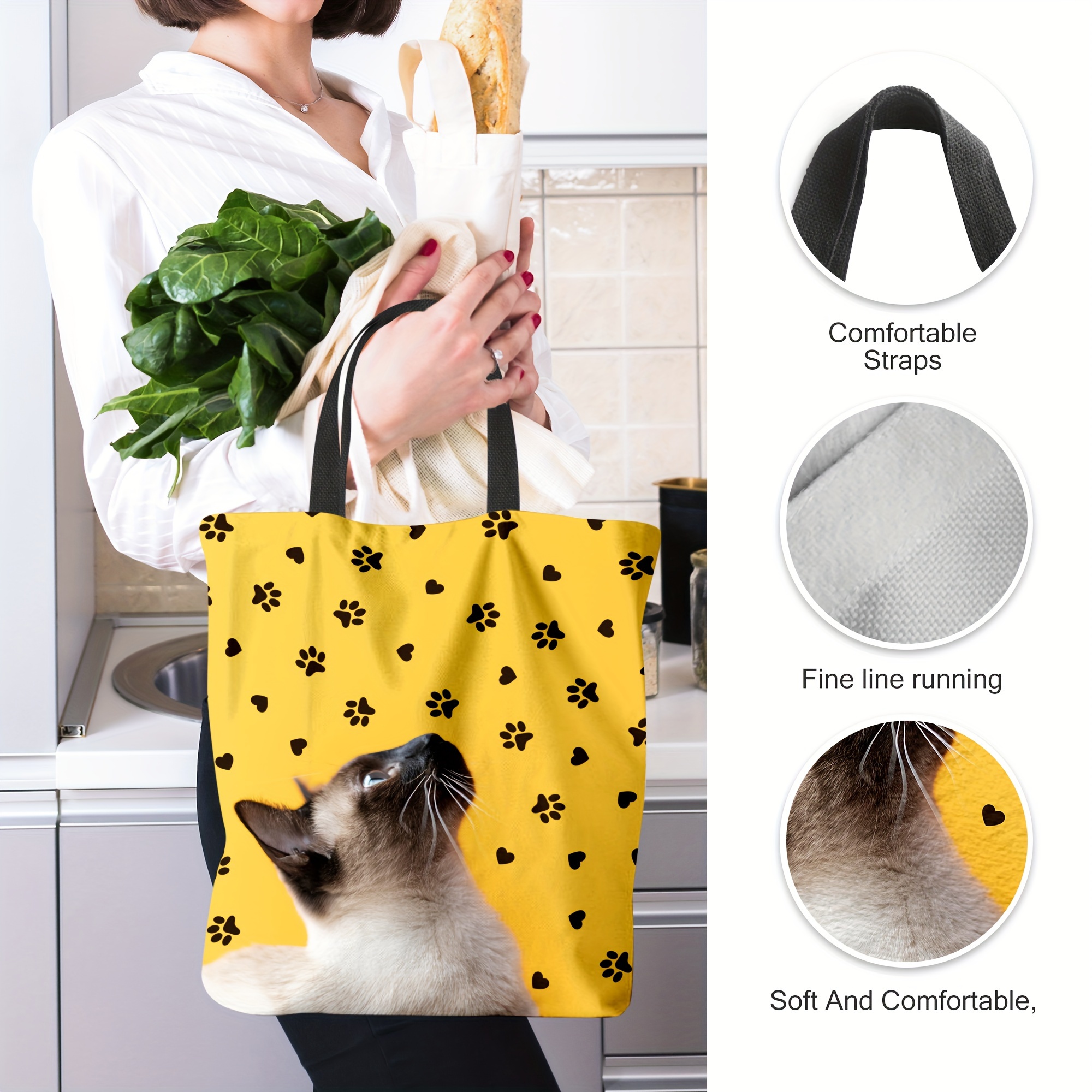 1pc Cute Cat Footprints Shopping Bag With Inner Pocket, Reusable