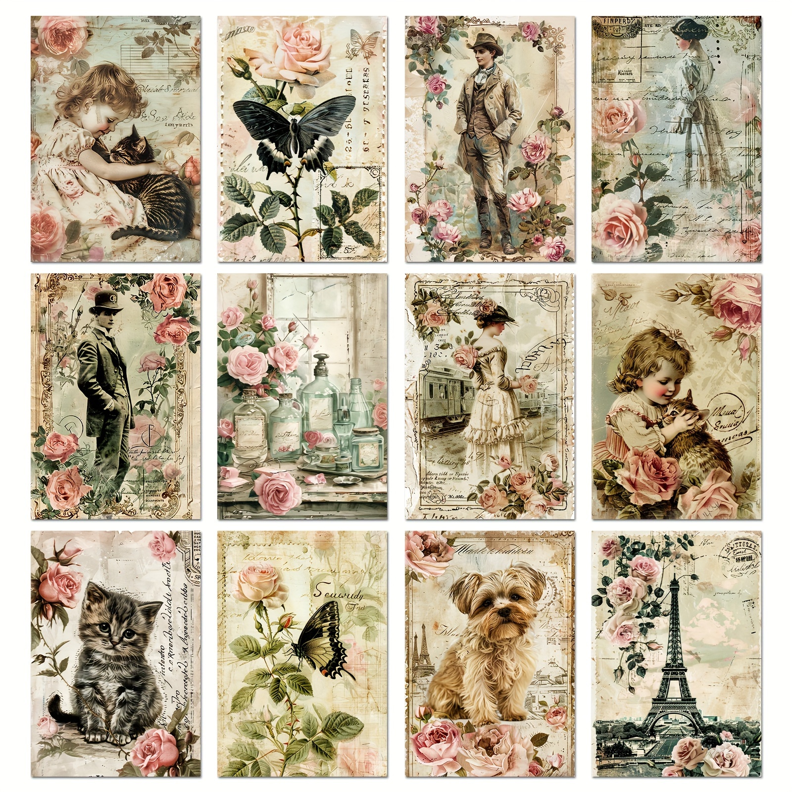 

12-pack Vintage Floral And Animal Themed Scrapbooking Papers, Decorative Craft Cardstock, Retro Style Single-sided Print, Acid & Lignin-free Paper Material For Diy Projects And Card Making