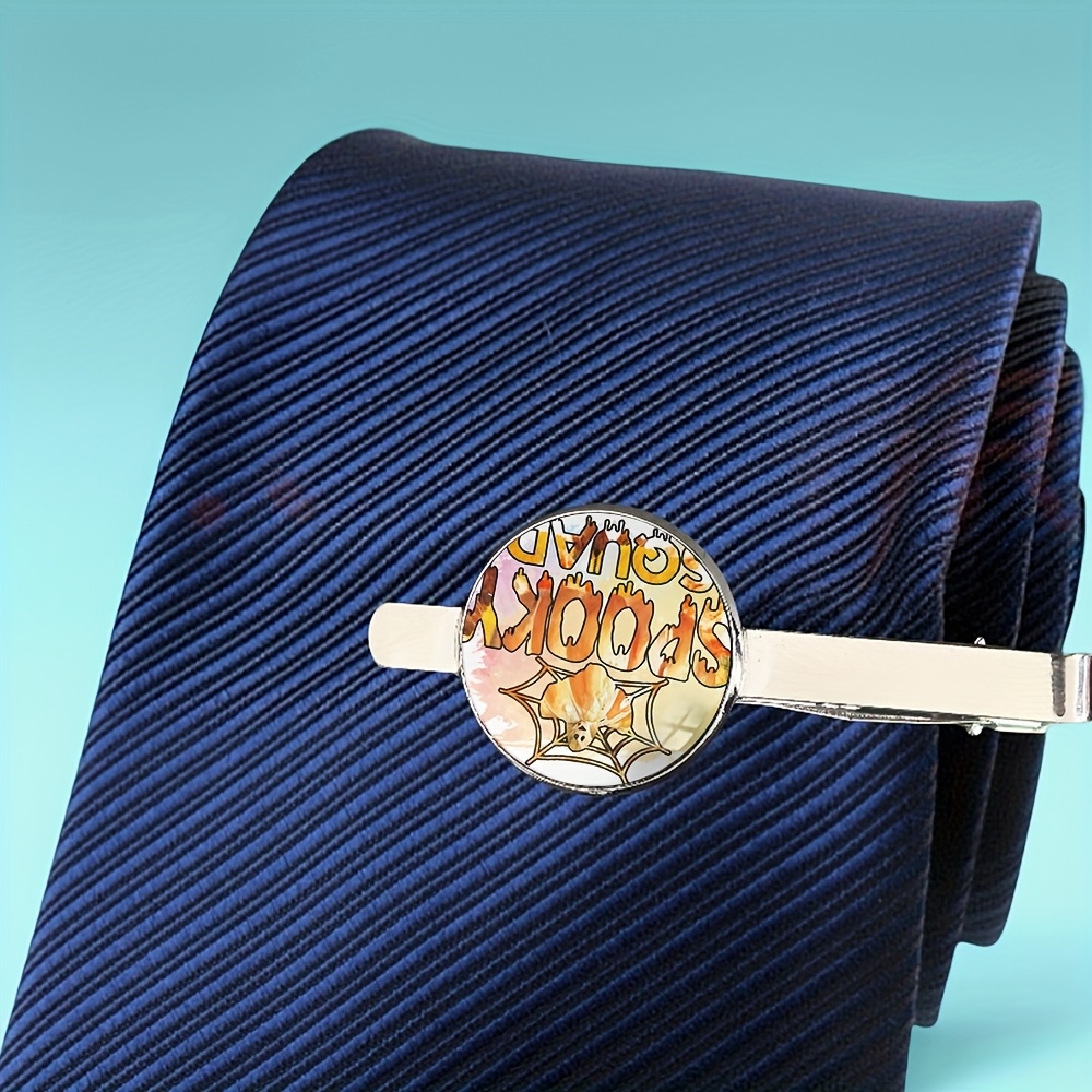 Spooky Squad Halloween Tie Clip with Spider Web & Pumpkin Motif