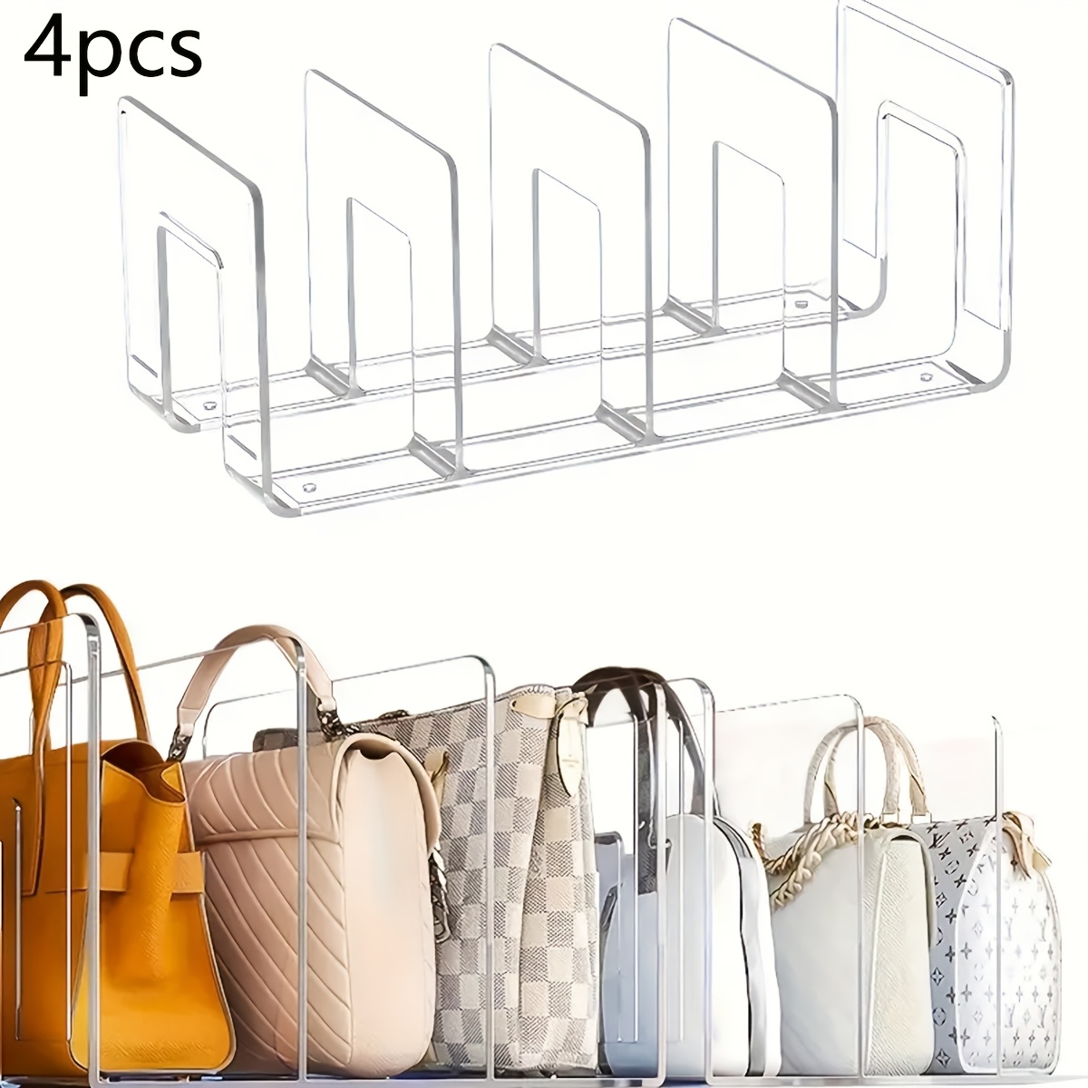 

Organisateur de sac à main en acrylique transparent, 4 compartiments suspendus, support de rangement pour sac à main, étagère de séparation de sacs pour de sacs fourre-tout, pochette et sac à main