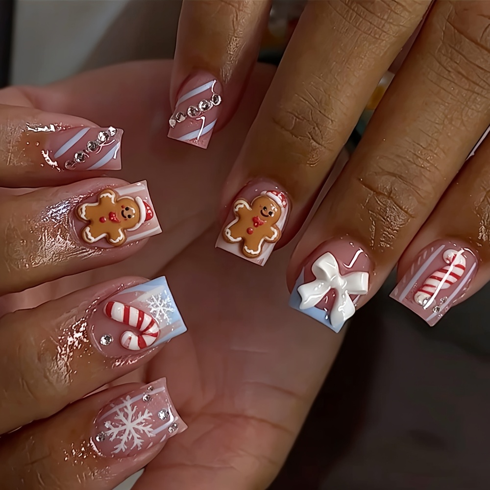 TEMU 24pcs Handmade Short Square Press On Nails Suitable For Ladies - Nude Base With Xmas Gingerbread Bow & Glossy, Tips For Daily Wear, Parties,