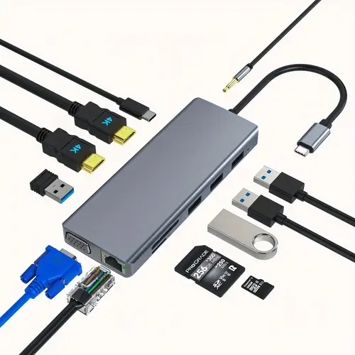 13 in 1 type c hub with ethernet 4k usb c to 2 hdtv vga 2 usb 3 0 2 usb 2 0 100w pd sd tf cards reader mic audio docking station for air xps and other usb c laptops