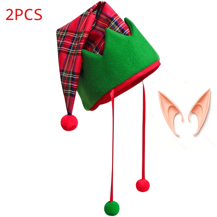 TEMU 2pcs Adult Christmas Elf Costume Suitable For Holiday Parties & Cosplay - Red Plaid Pointed Elf Hat With Hanging Ball & Ears, Hand Washable Elf