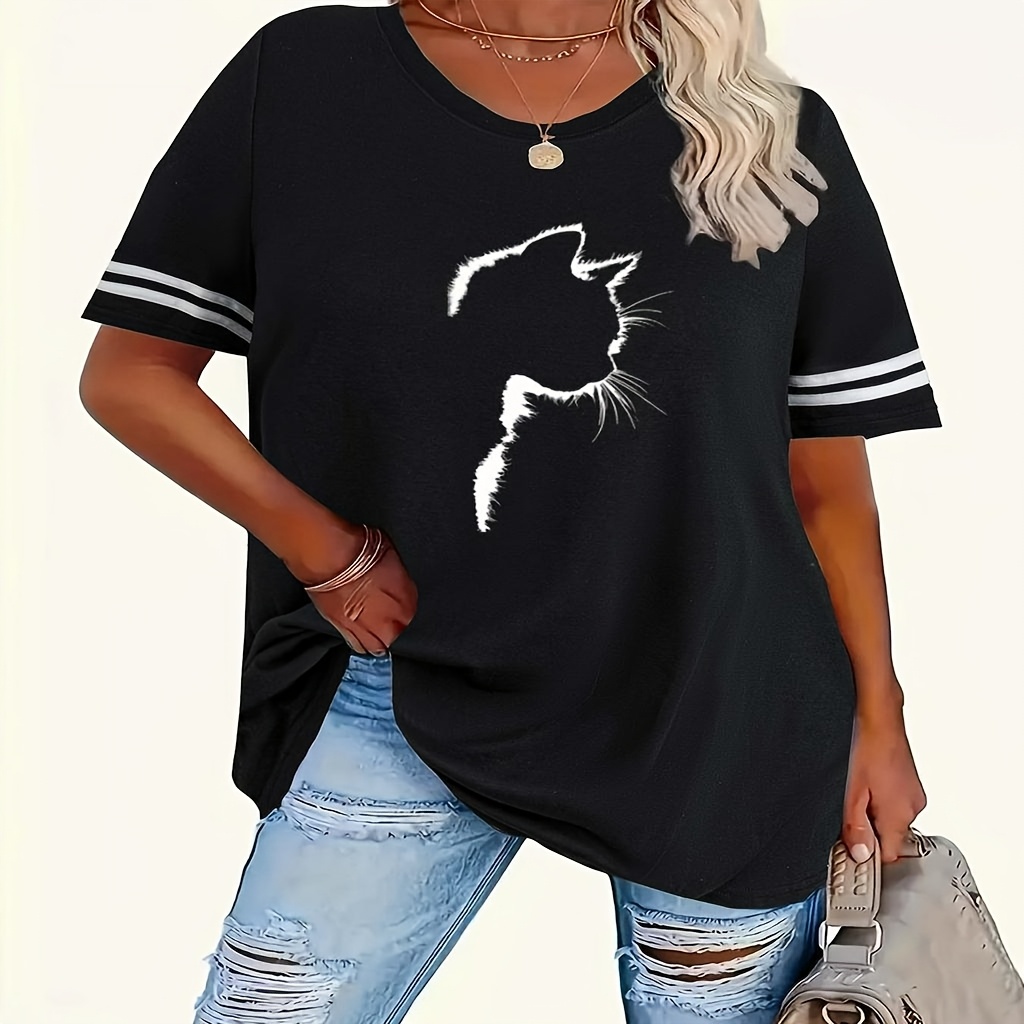 

Women's Plus Size Casual T-shirt With Cat Graphic, Striped Sleeves, And Ribbed Neckline - Soft Polyester , Black With And , Short Sleeve, Round Neck, Machine Washable, 1-8xl