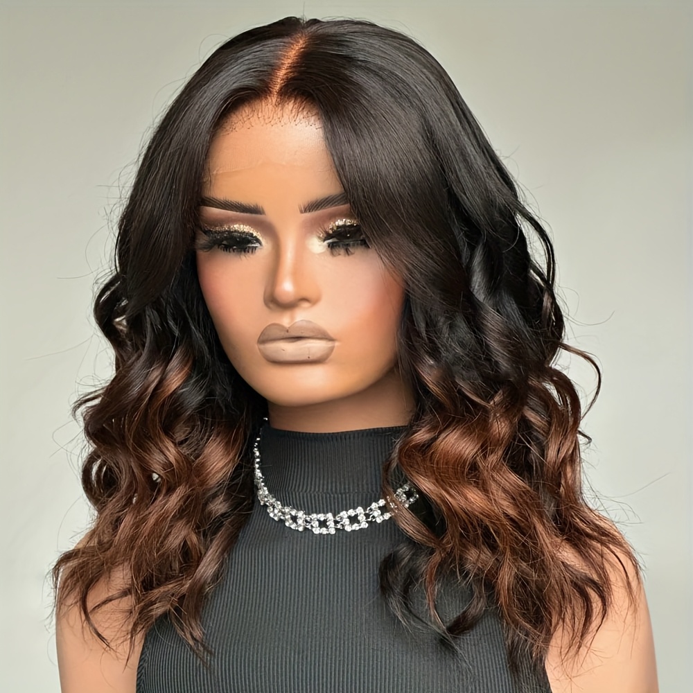 Ombre Brown Human Hair Wigs Layered Cut Curly Wave Wigs Human Hair Wig with Baby Hair 4x4 Lace Closure Wigs Human Hair Transparent Lace Closure Human Hair Wig Deep Curly Summer Wig Brazilian Hair 22 24Inch Pre Plucked Short Wavy Wigs Daily Use