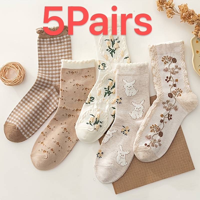 Vintage : 5 Pairs Floral Patterned Socks For Women - Long-lasting, Comfortable, Fashionable