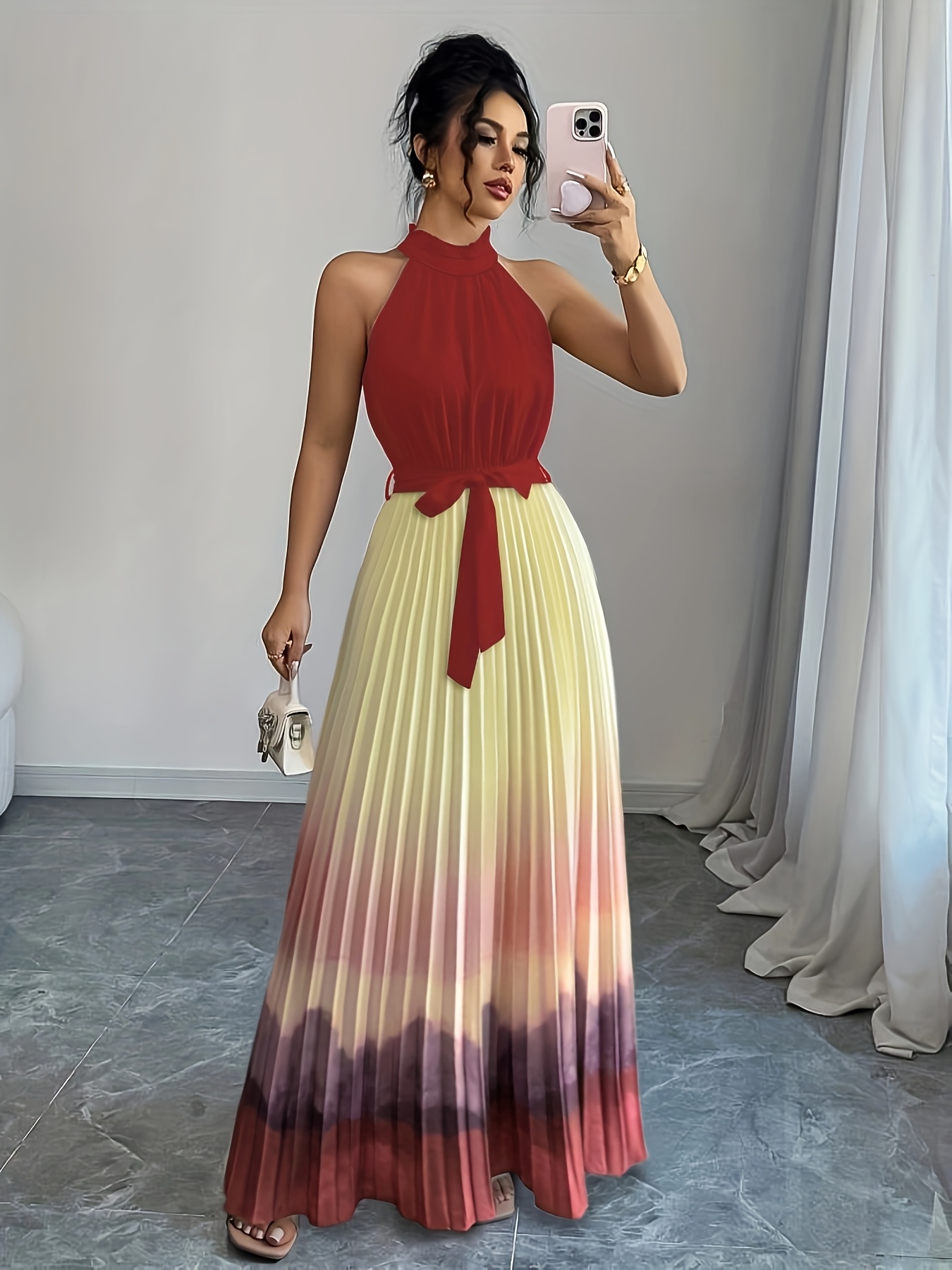 elegant romantic   neckline and waist tie a line pleated gradient maxi dress