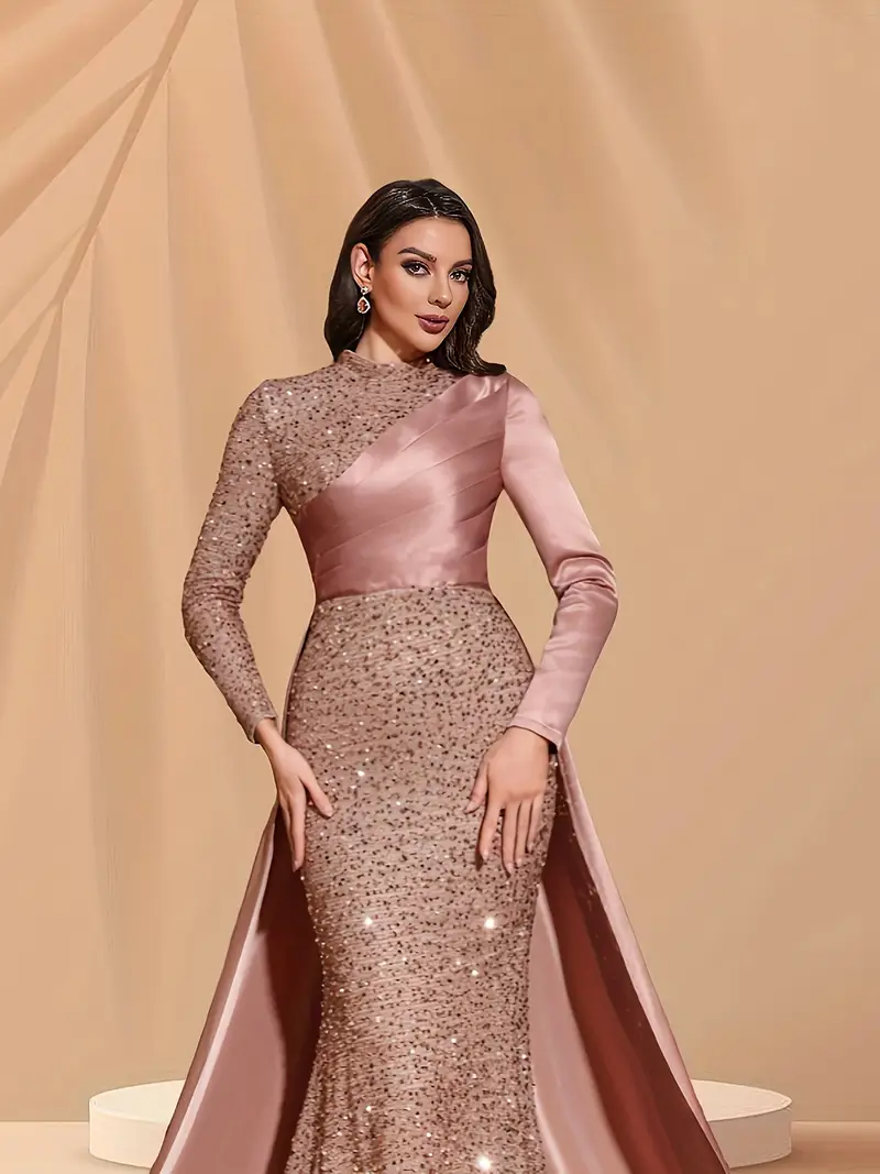 sequined long sleeve satin evening gown women's - Temu sequined long sleeve satin evening gown women's - Temu