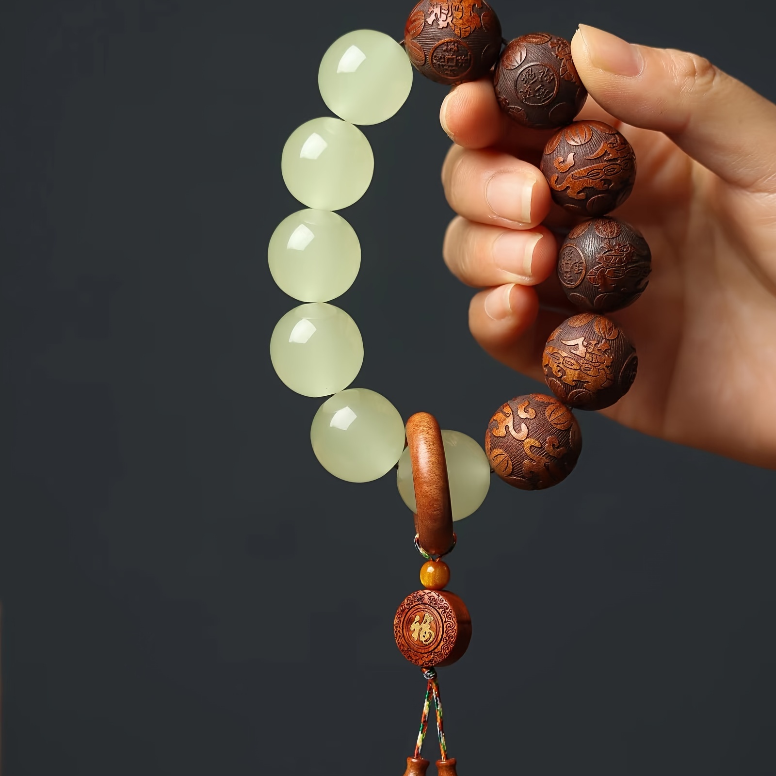 sandalwood pear wood carved luminous beads string with fortune words retro style handcrafted prayer beads for men spiritual gifts meditation accessories jewelry Product details 4