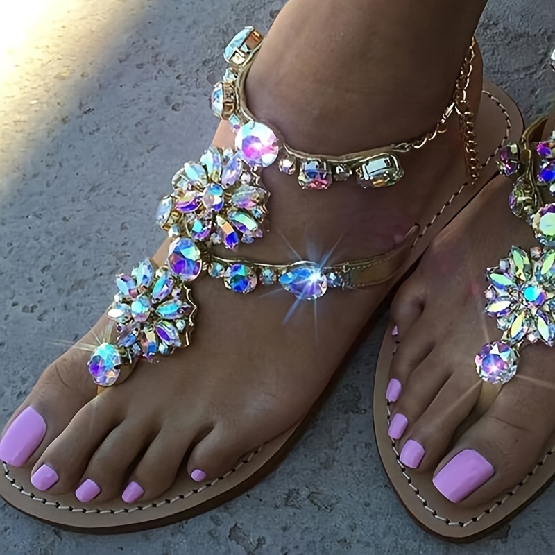 

Women's Flower Rhinestone Decor Sandals, Clip Toe Chain Ankle Strap Summer Shoes, Fashionable Summer Beach Sandals