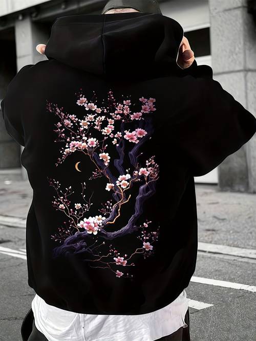 polyester fabric loose fit cherry print design autumn winter outdoor casual pullover suitable for 11 holiday occasions hooded sweatshirt breathable crew neck street style sweatshirt for daily wear casual