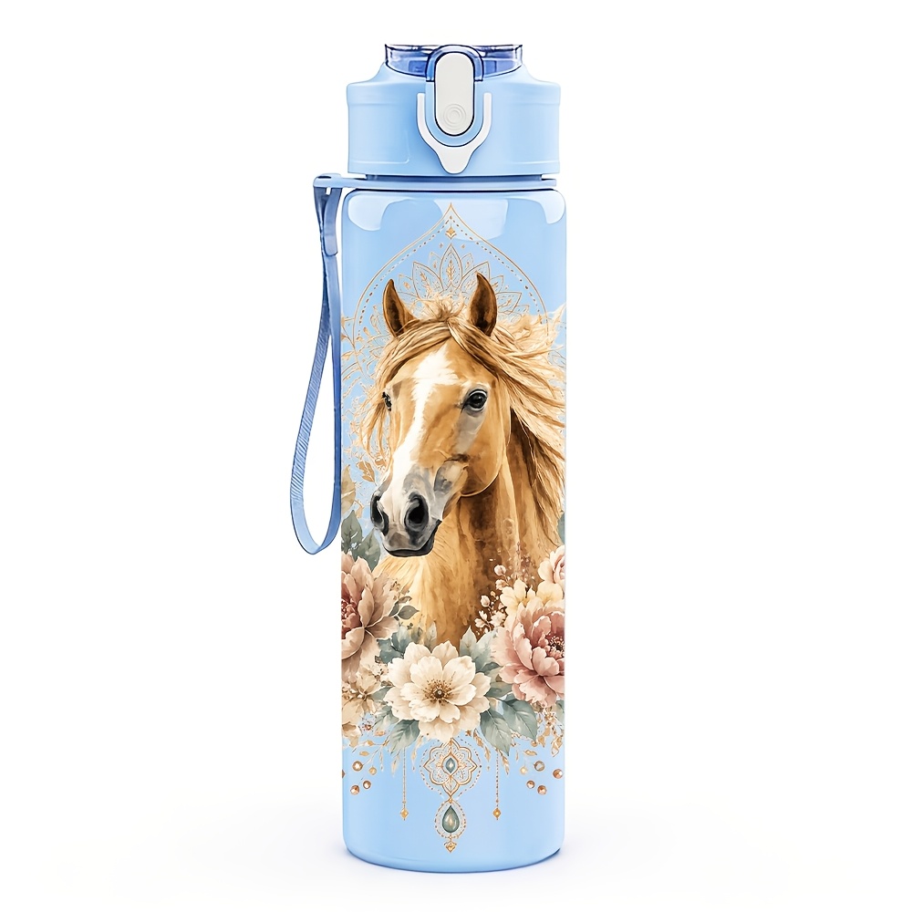 TEMU 1pc 750ml/26oz Colorful Plastic Water Bottle With Lid & Golden Horse Flower - Leak-proof Tumbler Suitable For Outdoor, Gym, Travel, Uv Printed