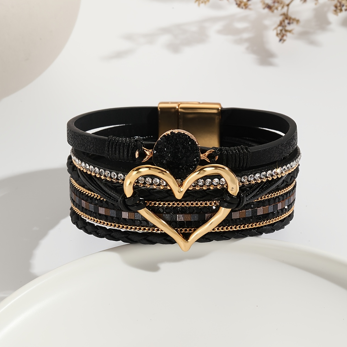 bohemian multi layer bracelet for women synthetic synthetic leather rope heart charm with rhinestones beads golden accents valentines day gift vacation jewelry year round wear bohemian style beaded stone bracelet romantic accessory sparkling rhinestones Product details 4